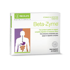 NeoLife Beta-Zyme digestive enzyme bottle showcases plant-sourced enzymes for after-meal support.
