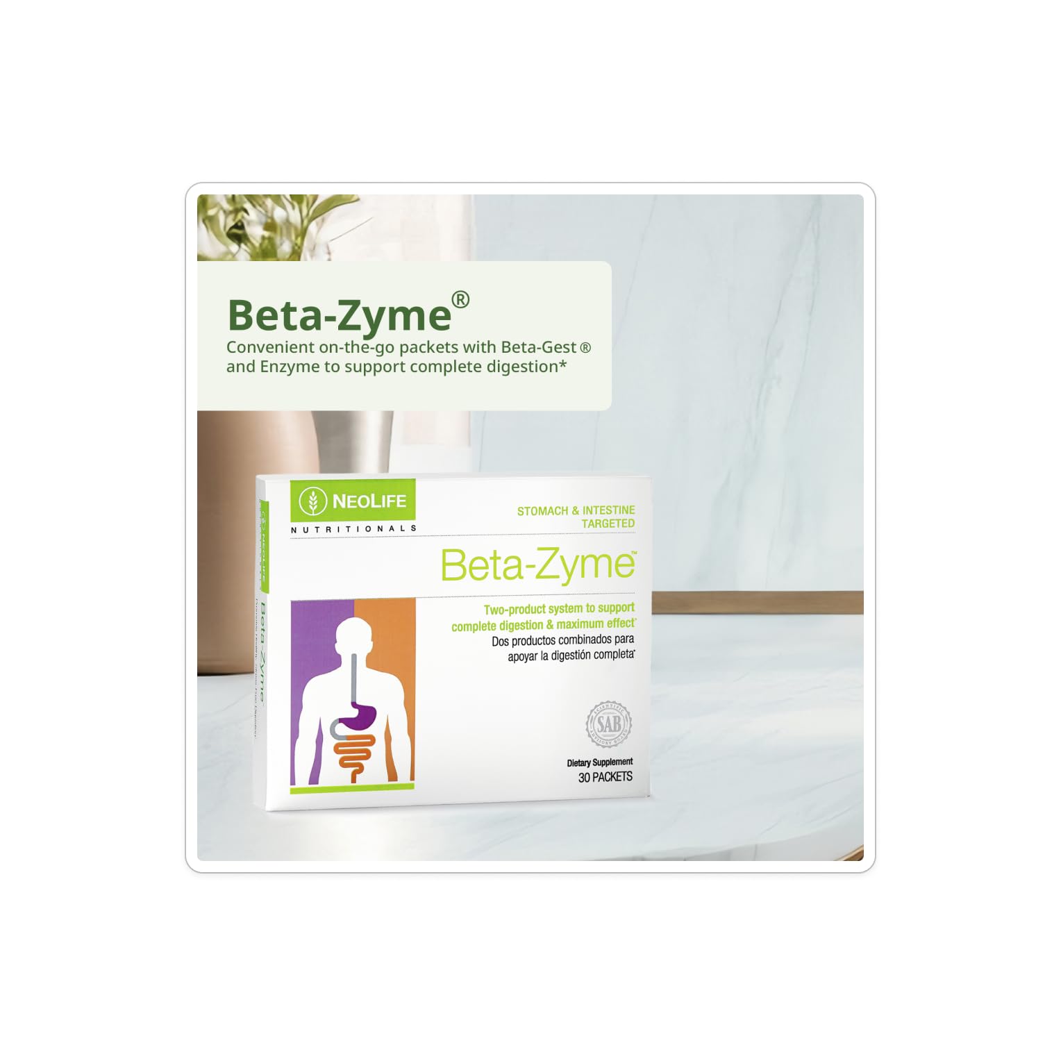 NeoLife Beta-Zyme packets illustrate convenient daily servings for on-the-go digestion.