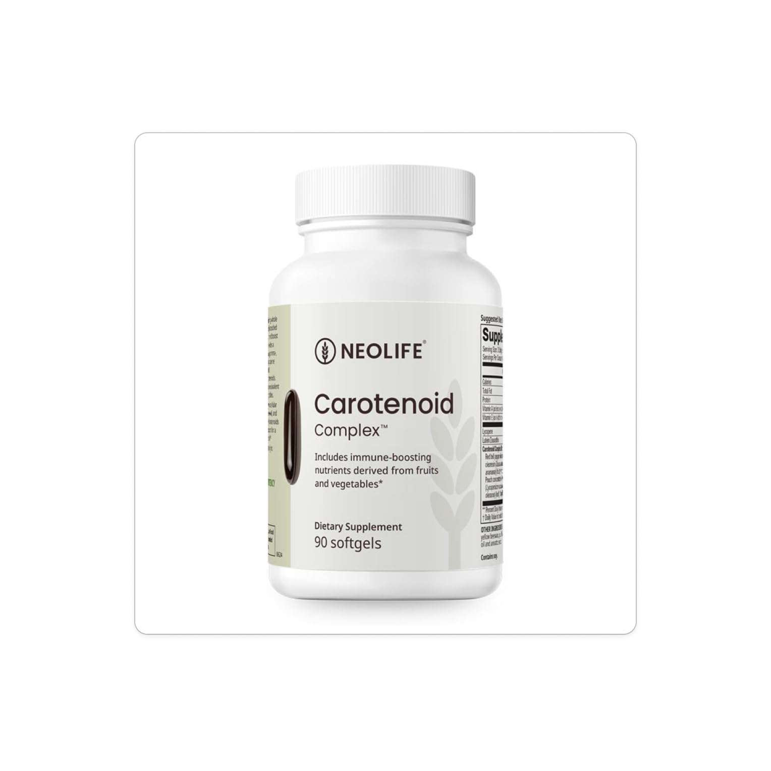 NeoLife Carotenoid Complex softgel bottle on a white background supports daily eye health nutrition.
