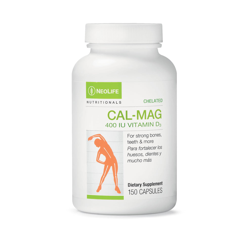 NeoLife chelated Cal-Mag bottle with softgels for daily bone support.