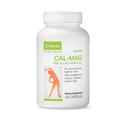 NeoLife chelated Cal-Mag bottle with softgels for daily bone support.
