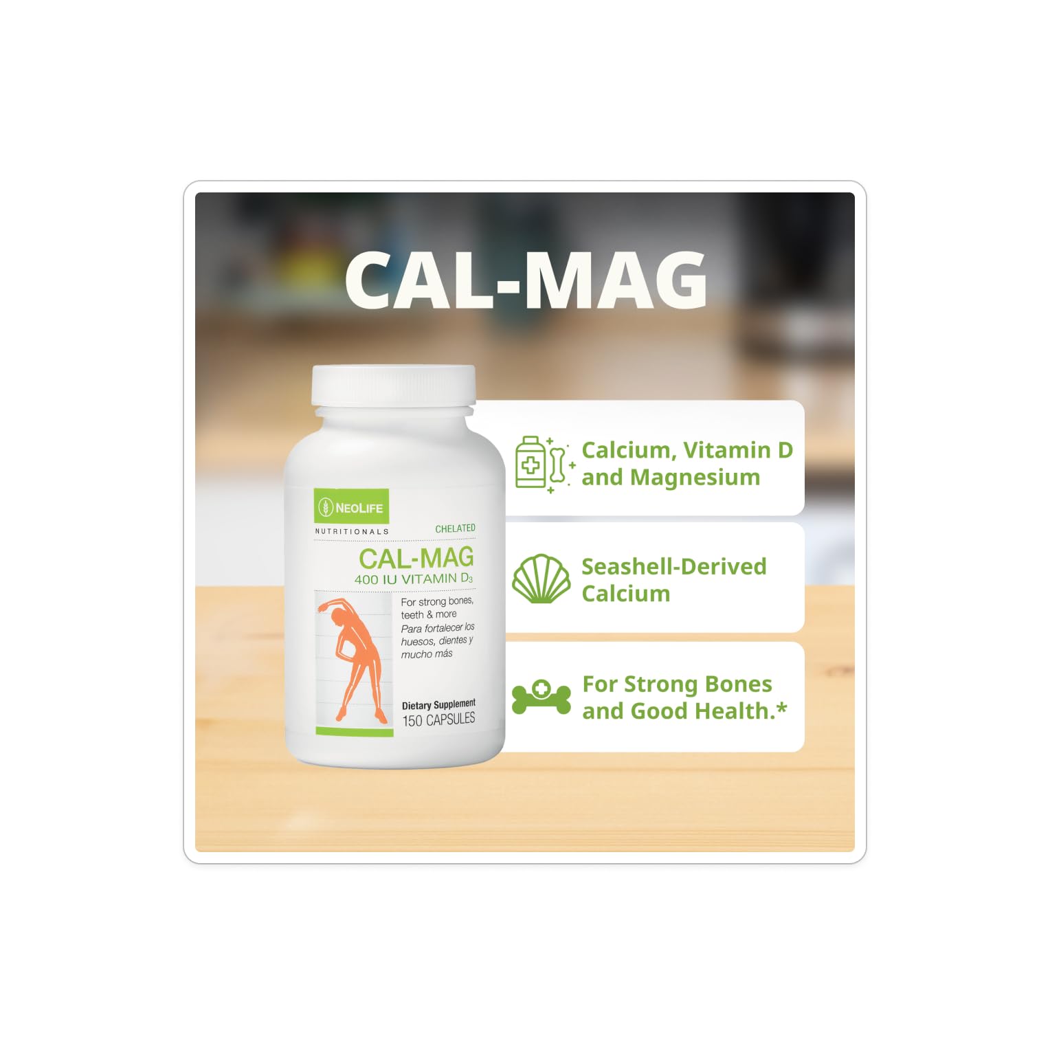 NeoLife Chelated Cal-Mag softgels being poured from the bottle for easy daily intake.