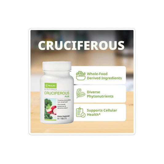 NeoLife Cruciferous Plus ingredients panel highlights broccoli, radish, kale for nutrient-rich support.