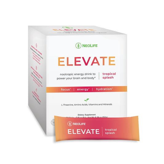 NeoLife Elevate Drink Mix box front for on-the-go hydration