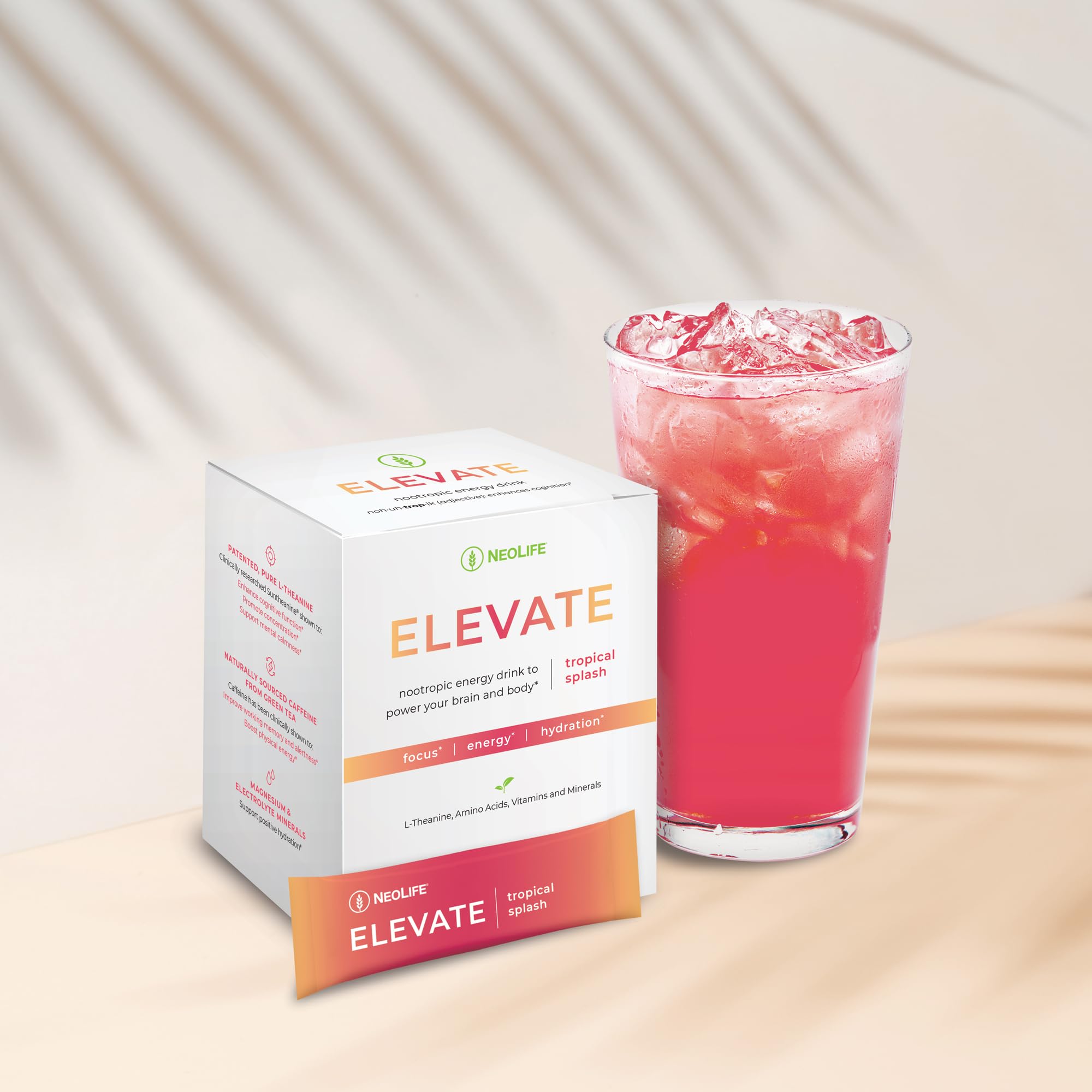 NeoLife Elevate Drink Mix stick-pack closeup highlights portable energy