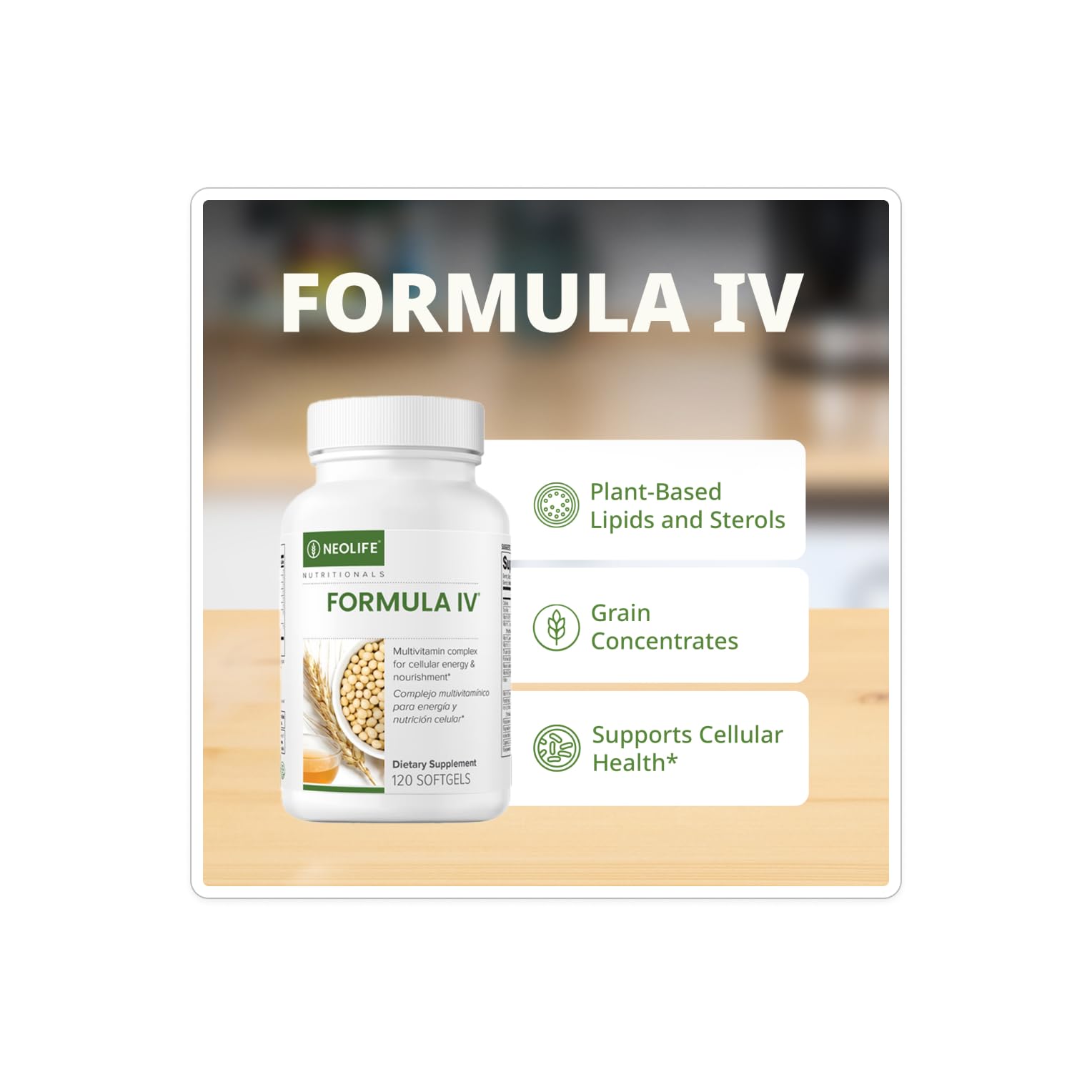 NeoLife Formula IV dosage showing two softgels with meals.