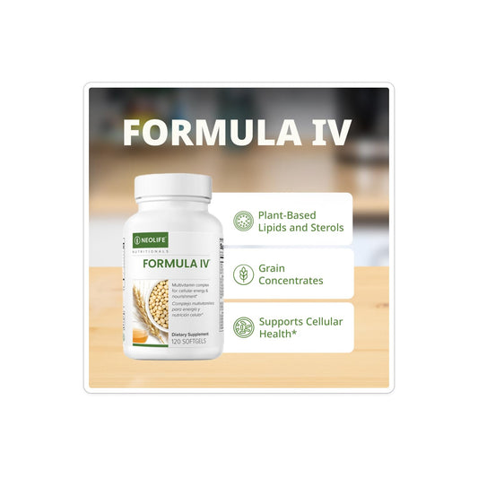 NeoLife Formula IV dosage showing two softgels with meals.