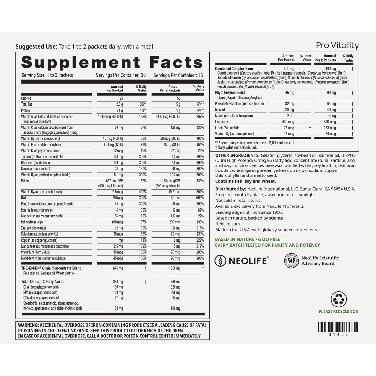 NeoLife Pro Vitality packaging front showing complete daily nutrition solution