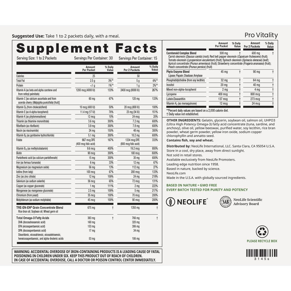 NeoLife Pro Vitality packaging front showing complete daily nutrition solution