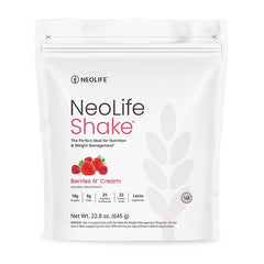 NeoLife Shake berries-n-cream glass demonstrates a convenient meal replacement for busy days.