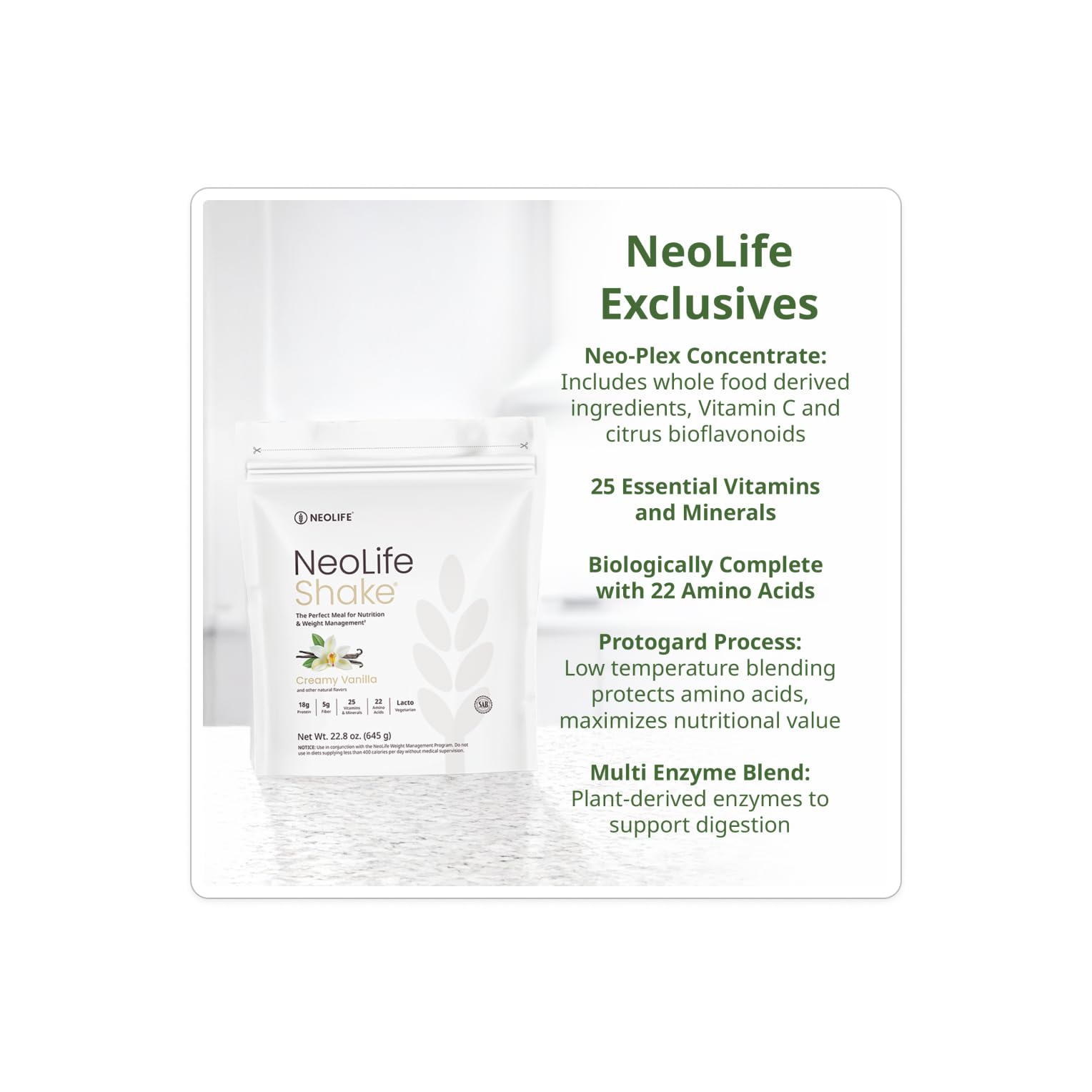 NeoLifeShake nutrition panel shows 25 vitamins and minerals.
