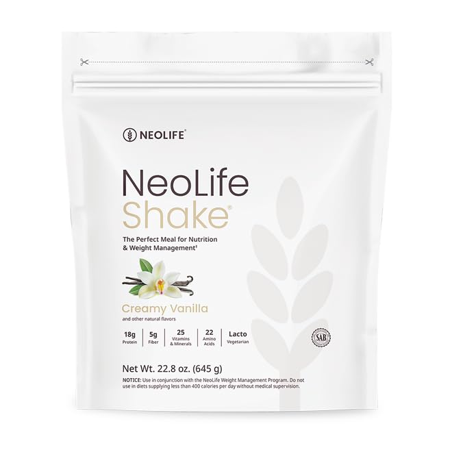 NeoLifeShake Creamy Vanilla tub highlights balanced daily nutrition.