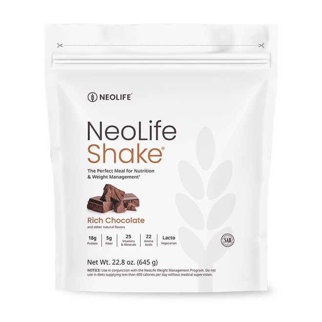 NeoLifeShake rich chocolate bottle shows balanced nutrition for busy days.