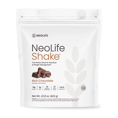 NeoLifeShake rich chocolate bottle shows balanced nutrition for busy days.