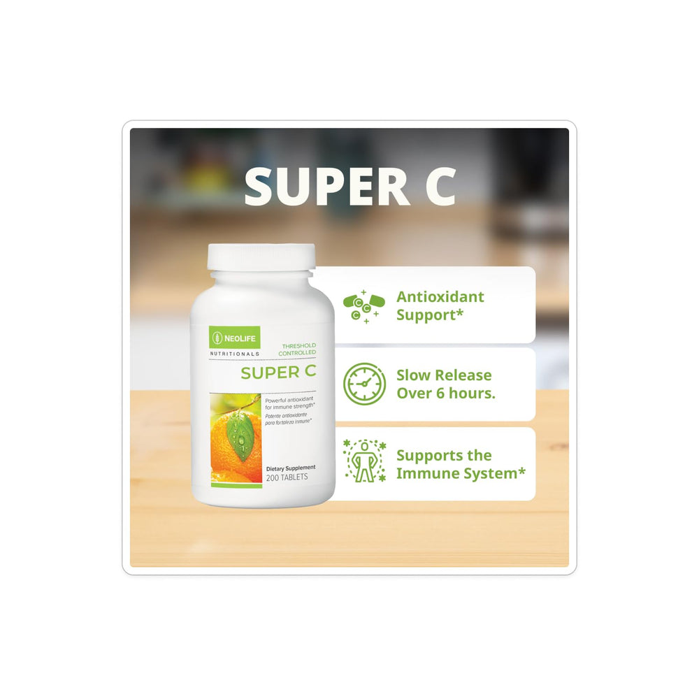 NeoLife Super C tablets close-up illustrating slow-release vitamin C for steady daily support.