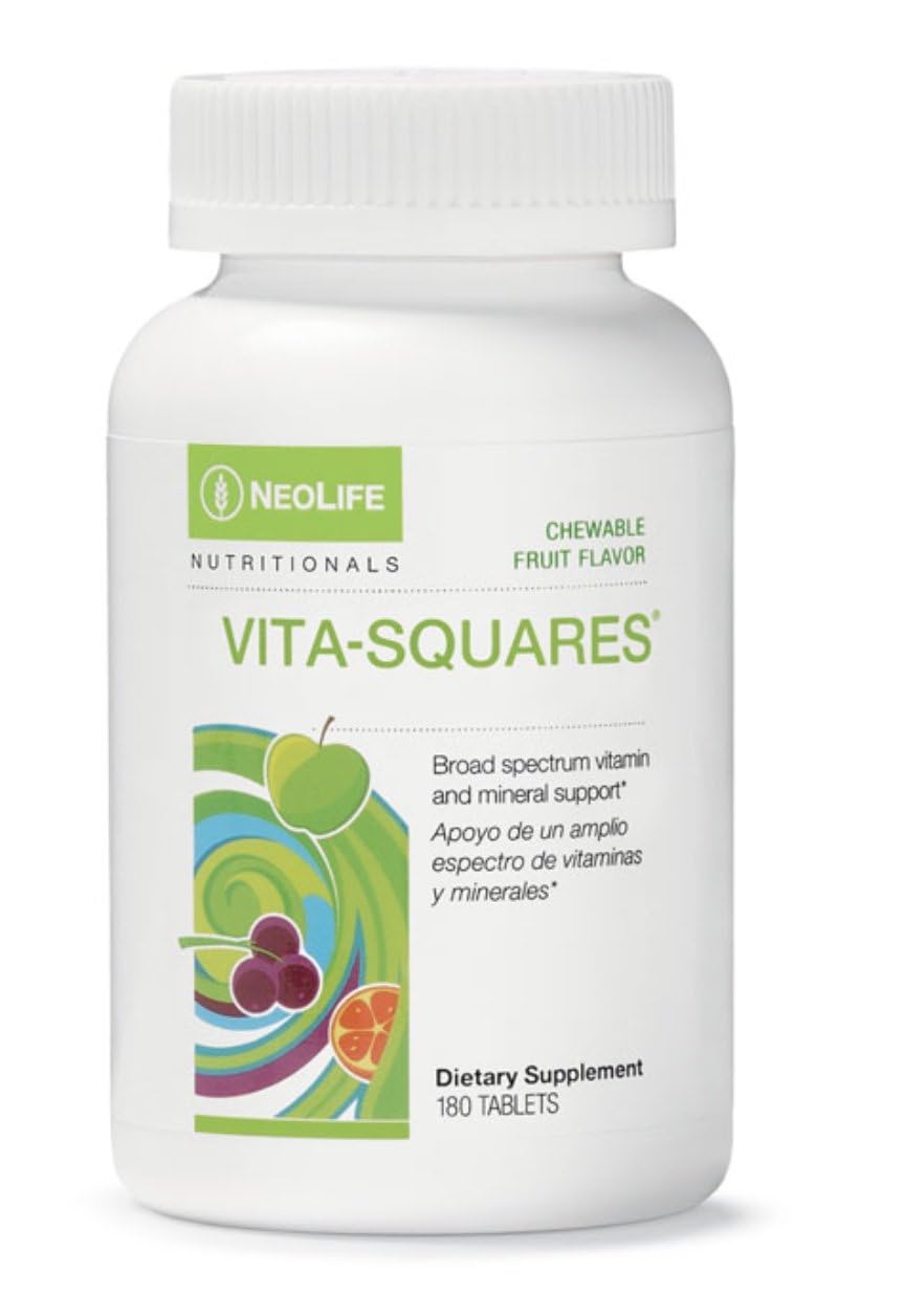 NeoLife Vita-Squares bottle front shows kid-friendly multivitamins for daily nutrition.