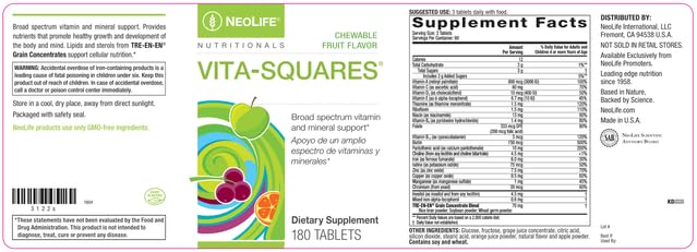 NeoLife Vita-Squares bottle label highlights 18 essential nutrients at a glance.