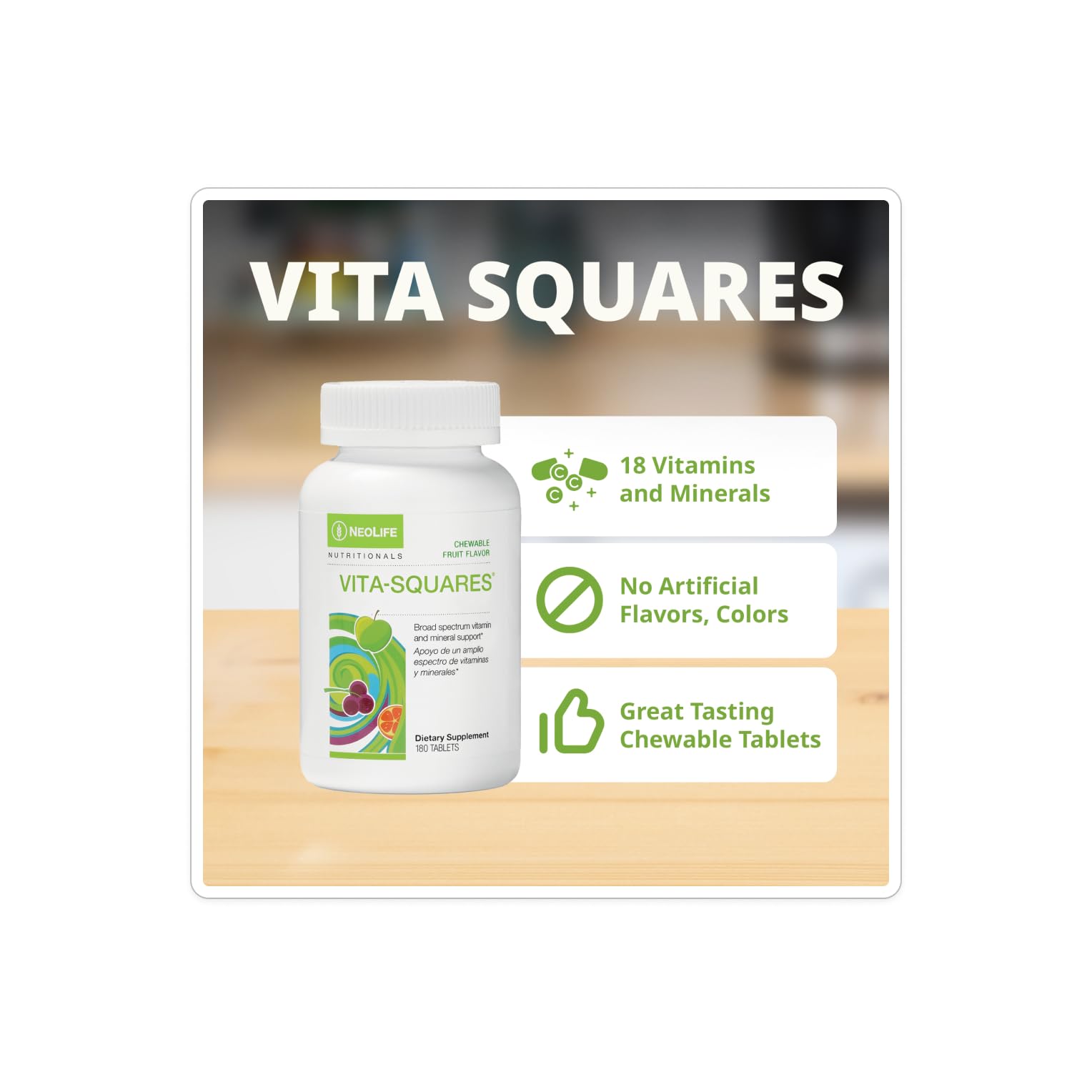 NeoLife Vita-Squares meal-time use shows three chewables per serving.
