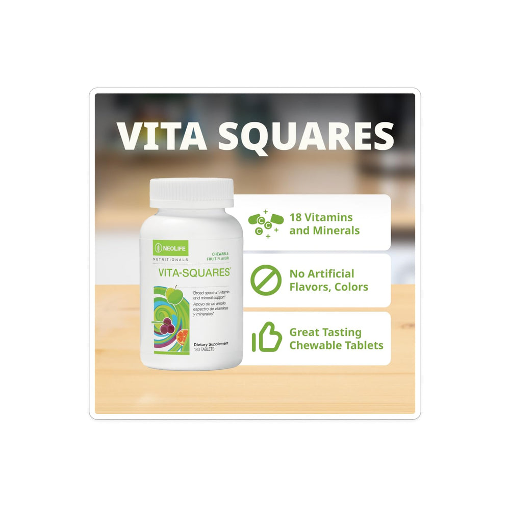 NeoLife Vita-Squares meal-time use shows three chewables per serving.