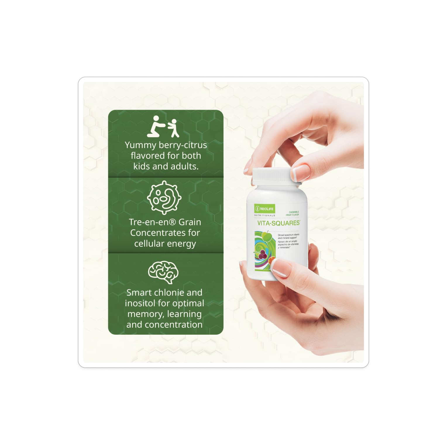 NeoLife Vita-Squares tablets closeup highlight berry-citrus chewables loved by children.