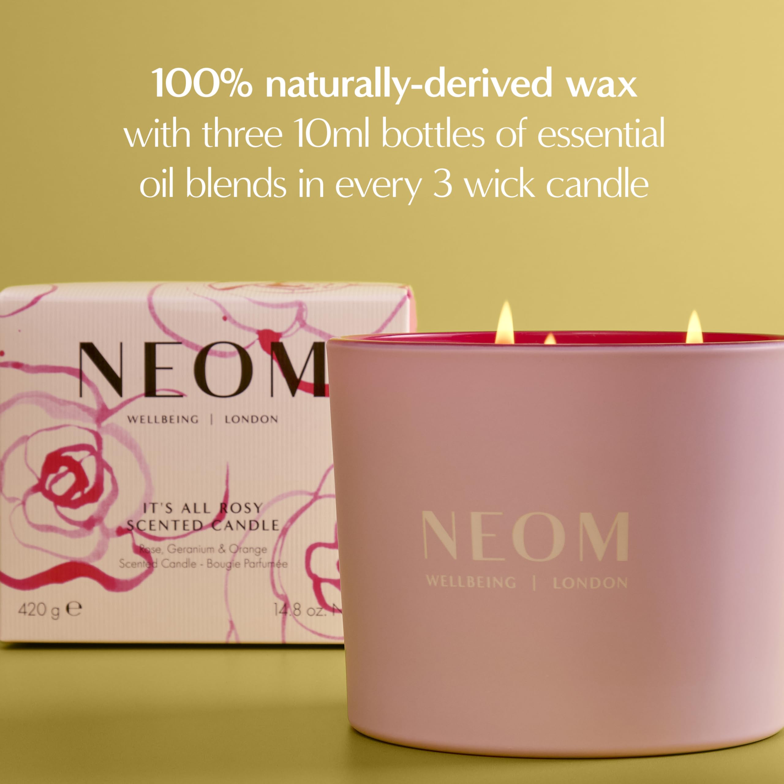 NEOM It's All Rosy Candle packaging ready for gifting.