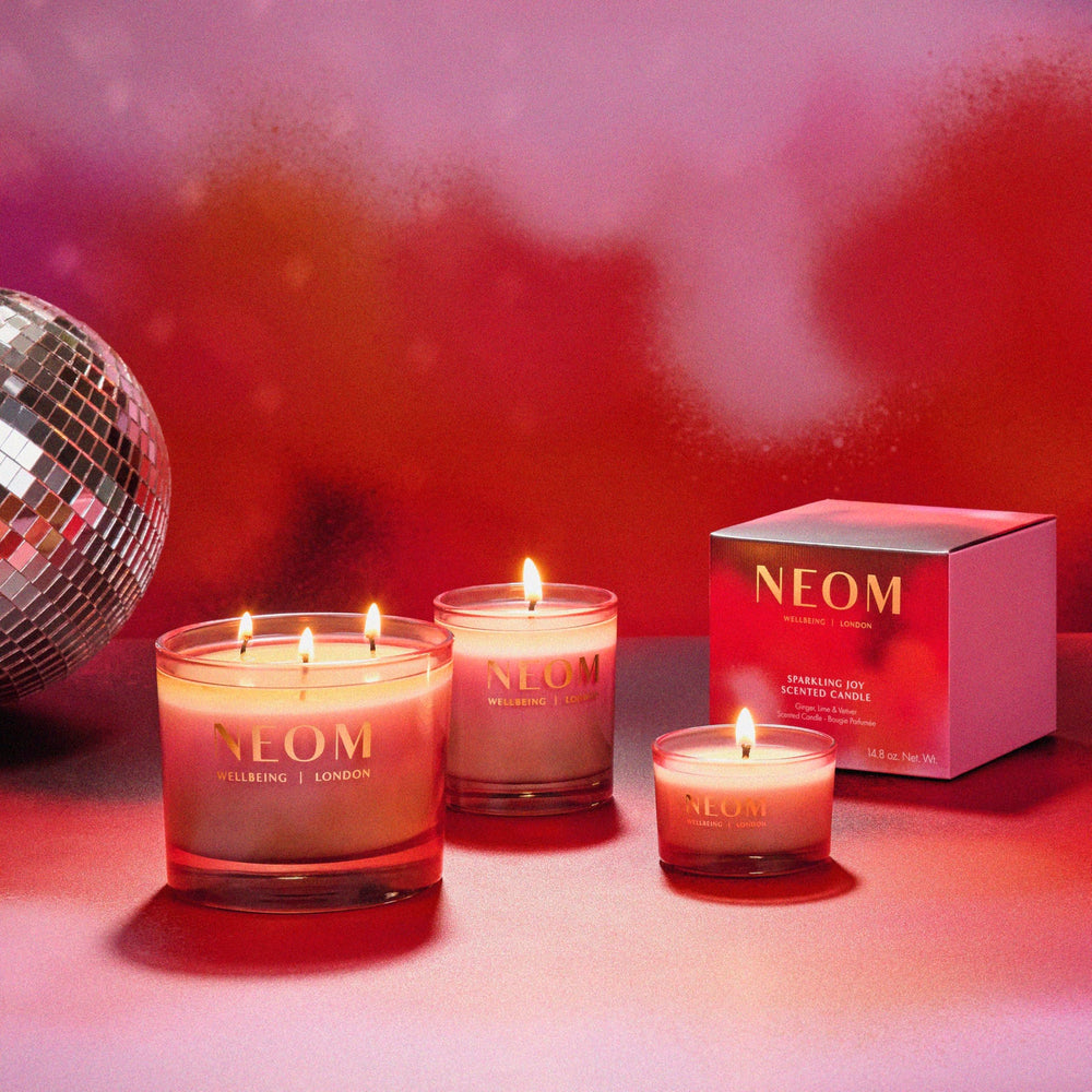 NEOM Sparkling Joy wick-trim tip visual to support even burning.