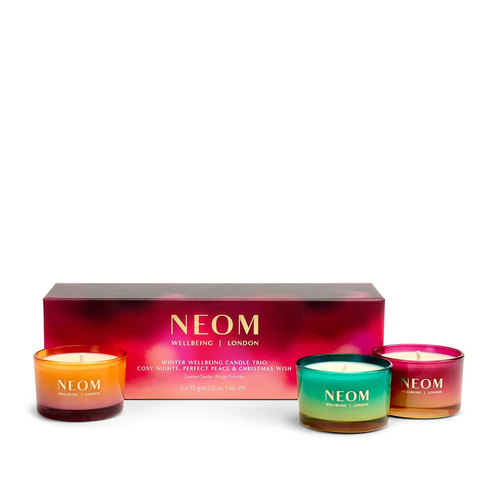 NEOM Winter Wellbeing Candle Trio box, ready for gifting and cozy ambiance