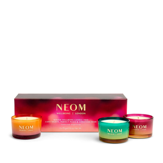 NEOM Winter Wellbeing Candle Trio box, ready for gifting and cozy ambiance