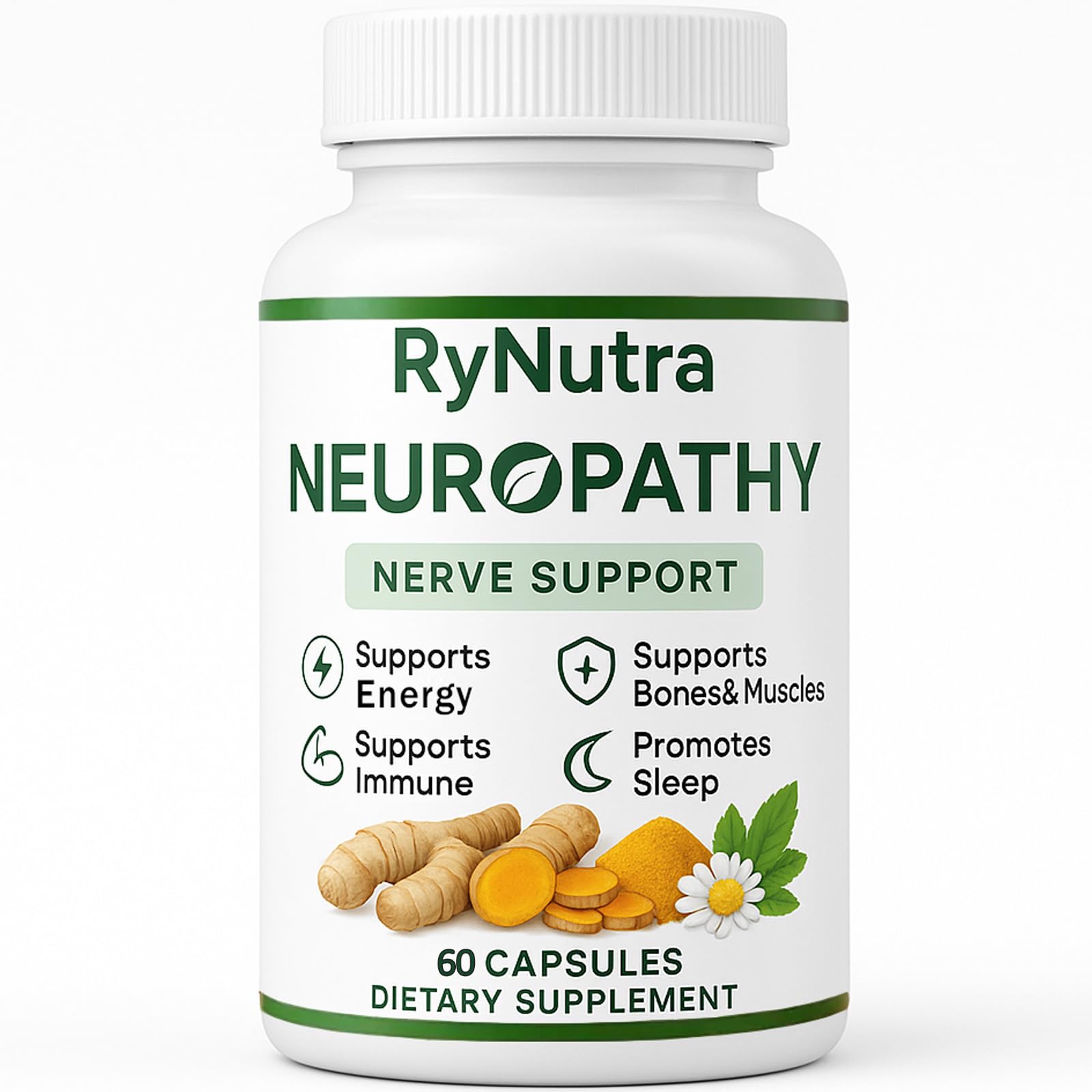Neonomicon Rynutra nerve capsules close-up bottle, supporting daily nerve comfort.