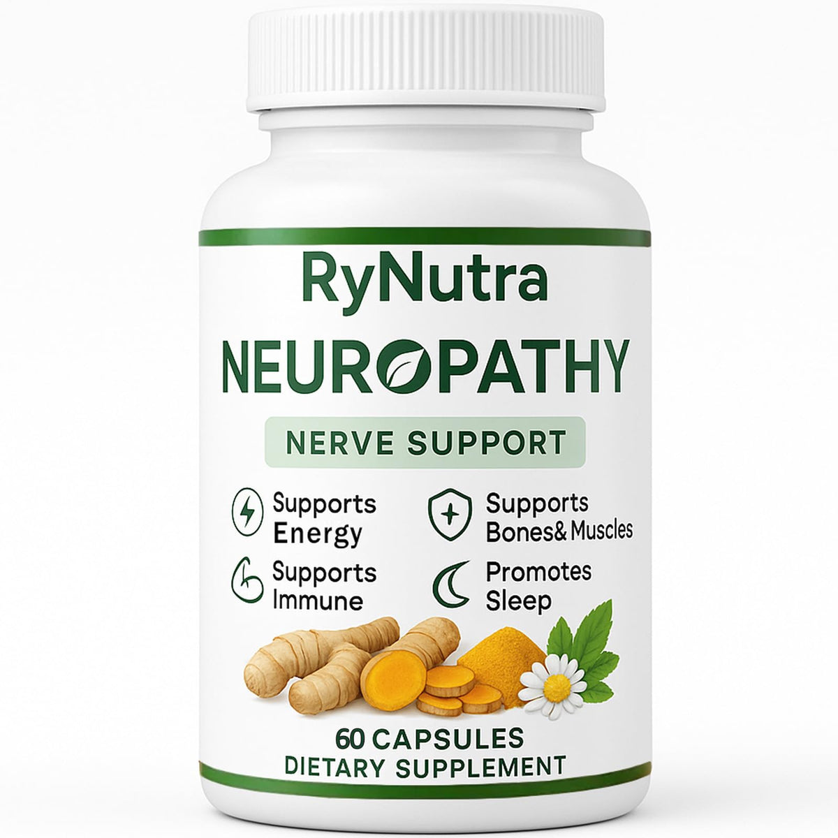 Neonomicon Rynutra nerve capsules close-up bottle, supporting daily nerve comfort.