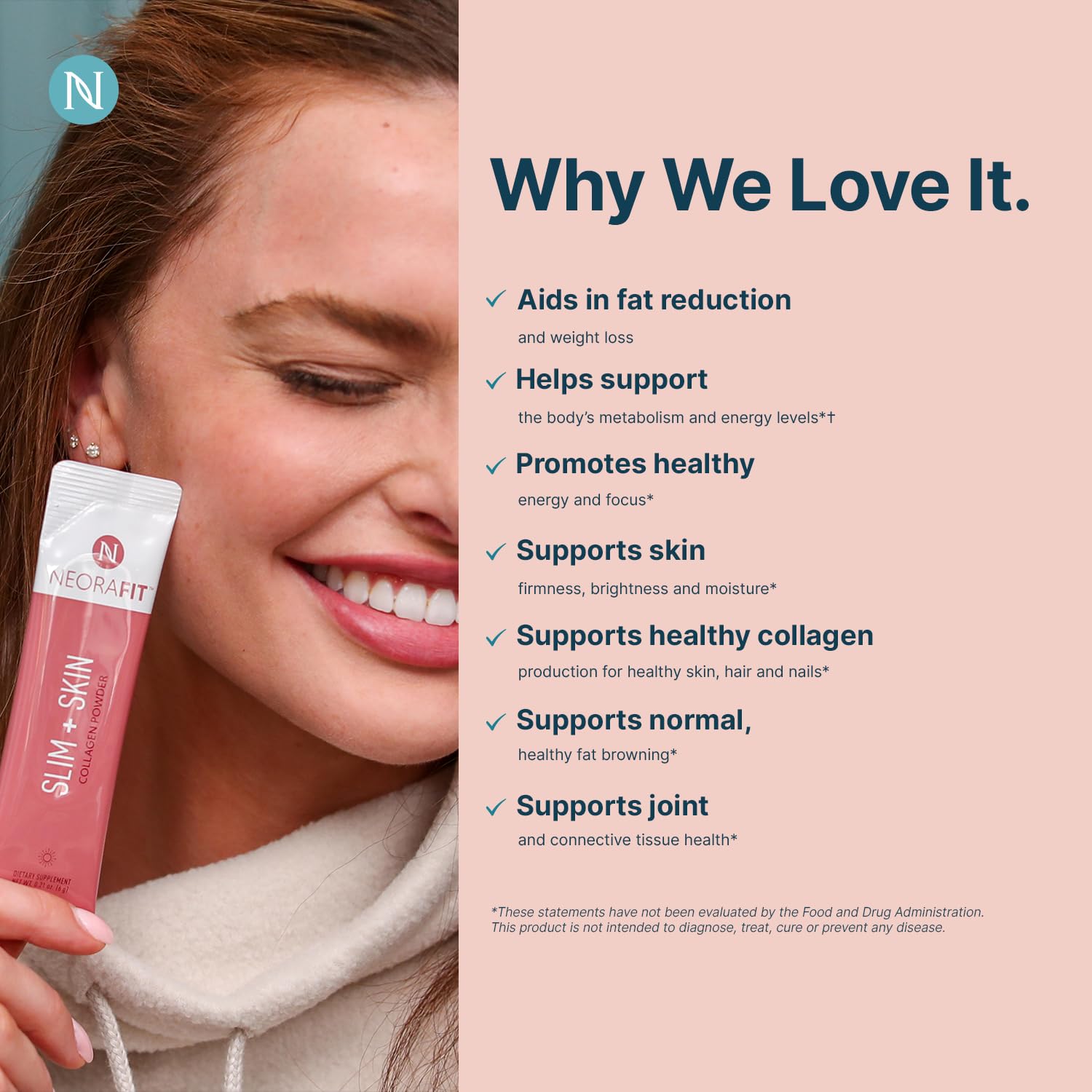 NeoraFit marine collagen types 22 and 17 support skin texture from within.