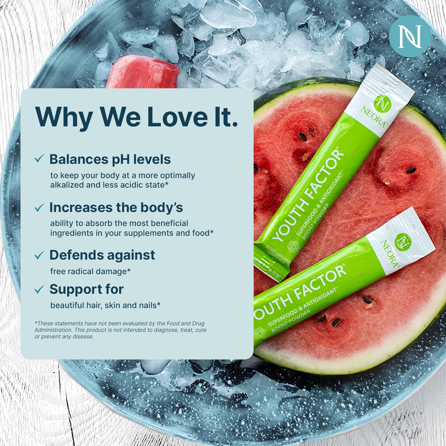 A prepared glass of NEORA Youth Factor beverage with vibrant color