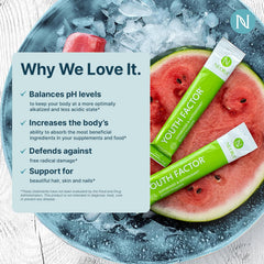 A prepared glass of NEORA Youth Factor beverage with vibrant color