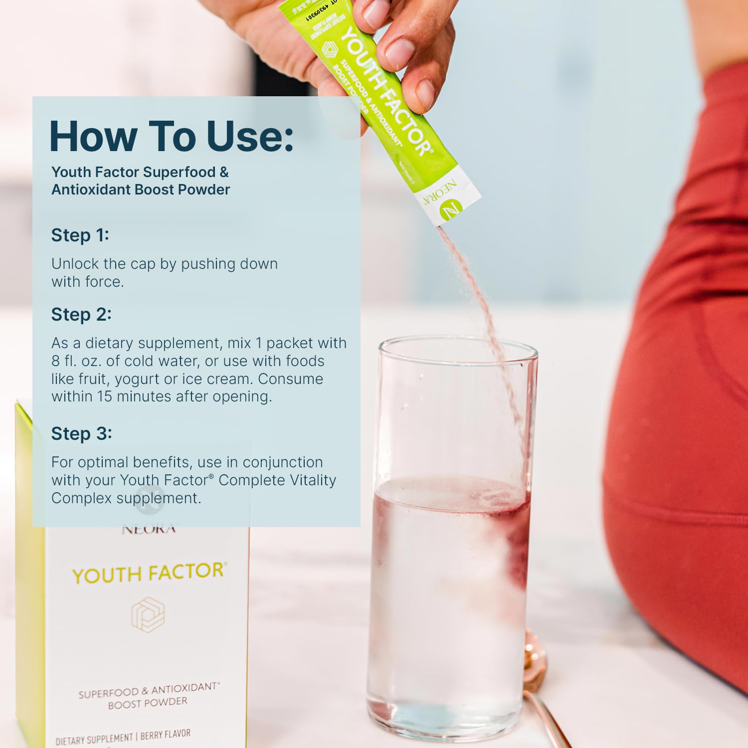 NEORA Youth Factor supports hair, skin, and nails from within
