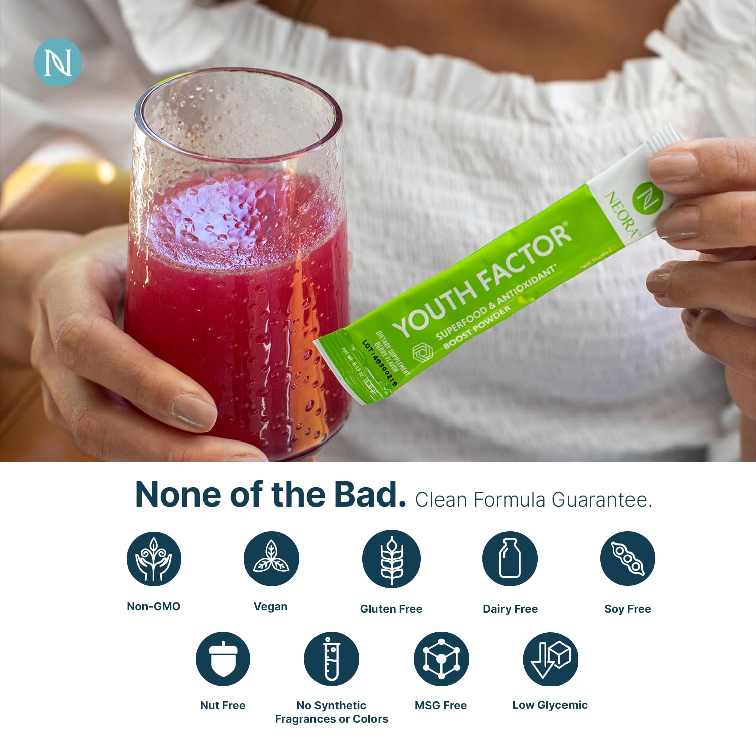 Close-up of the enzyme blend and nutrient ingredients in NEORA Youth Factor