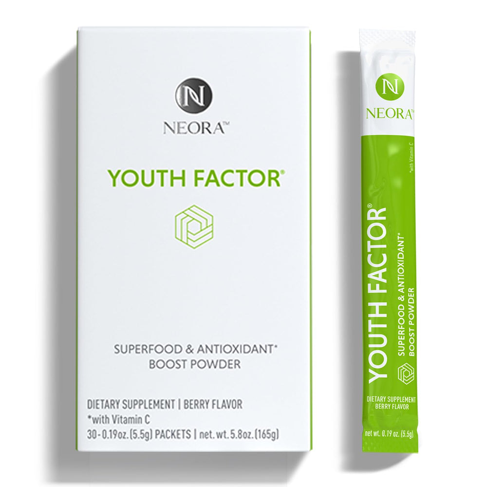 NEORA Youth Factor packaging front showing convenient daily nutrition packets