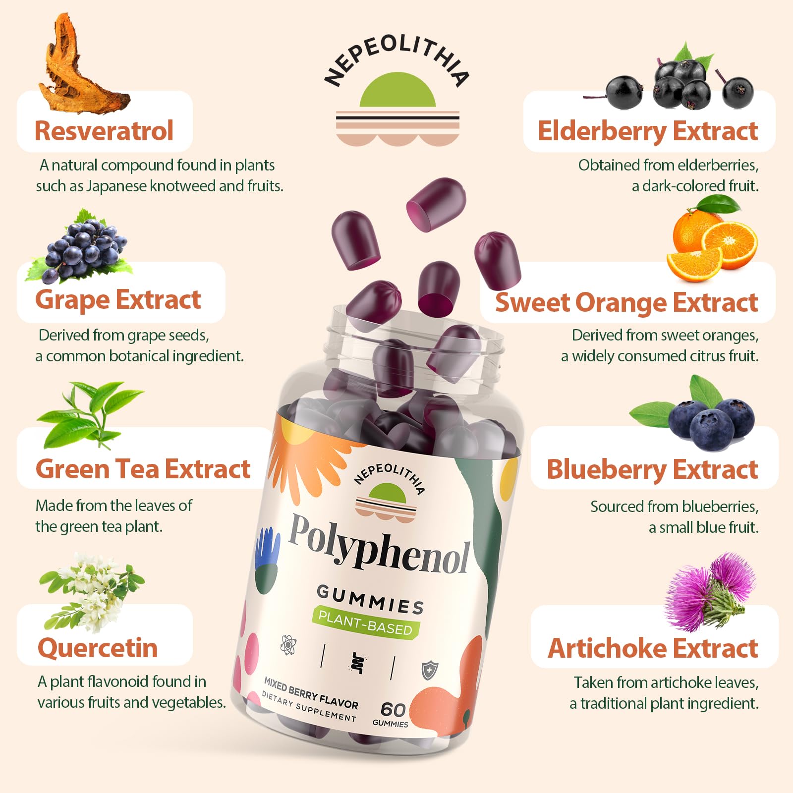 Nepeolithia Polyphenol Gummies ingredients closeup, showcasing plant polyphenols and vitamins.