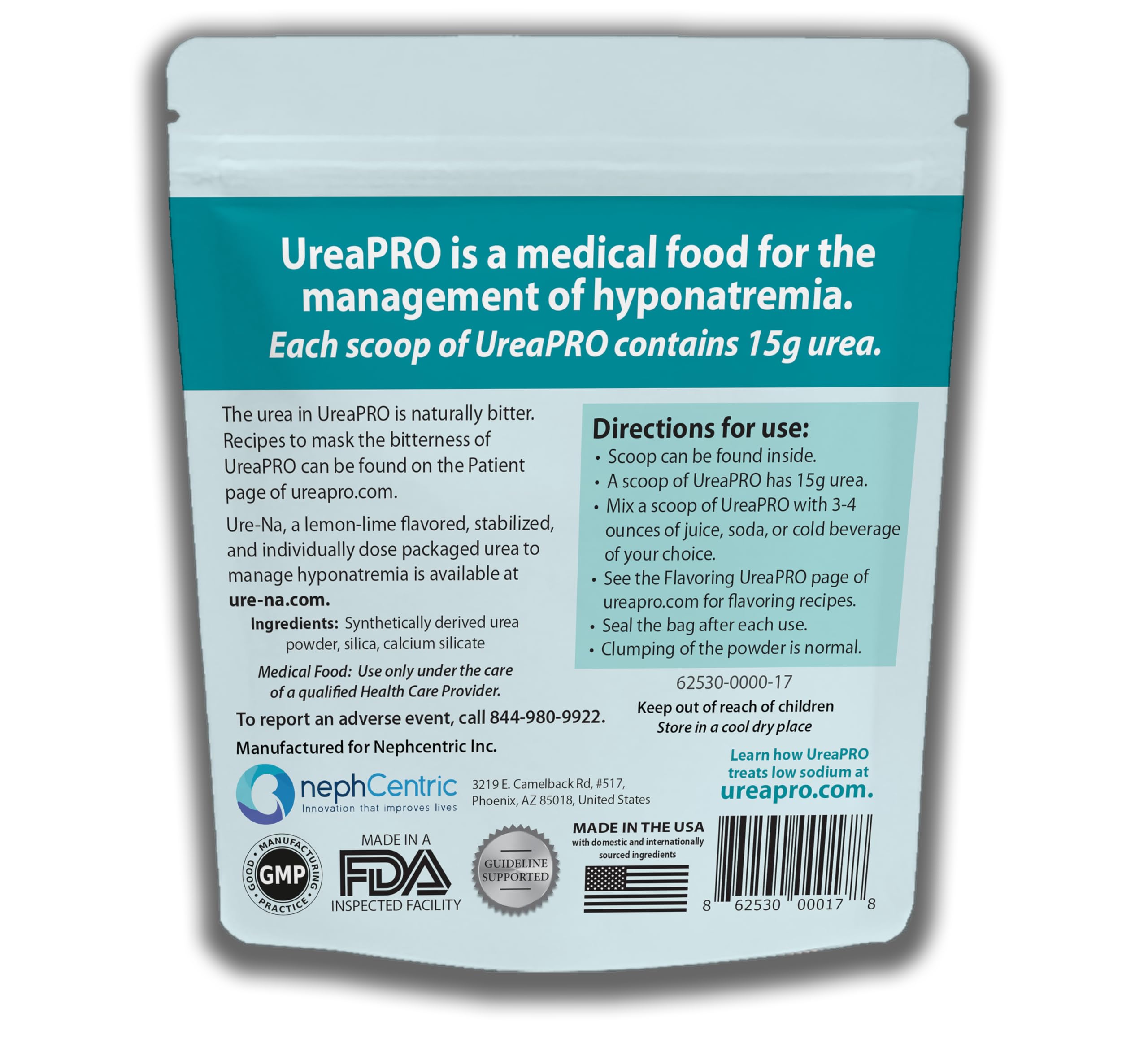 NEPHCENTRIC UreaPro label closeup highlights dosing and clinician-backed formulation