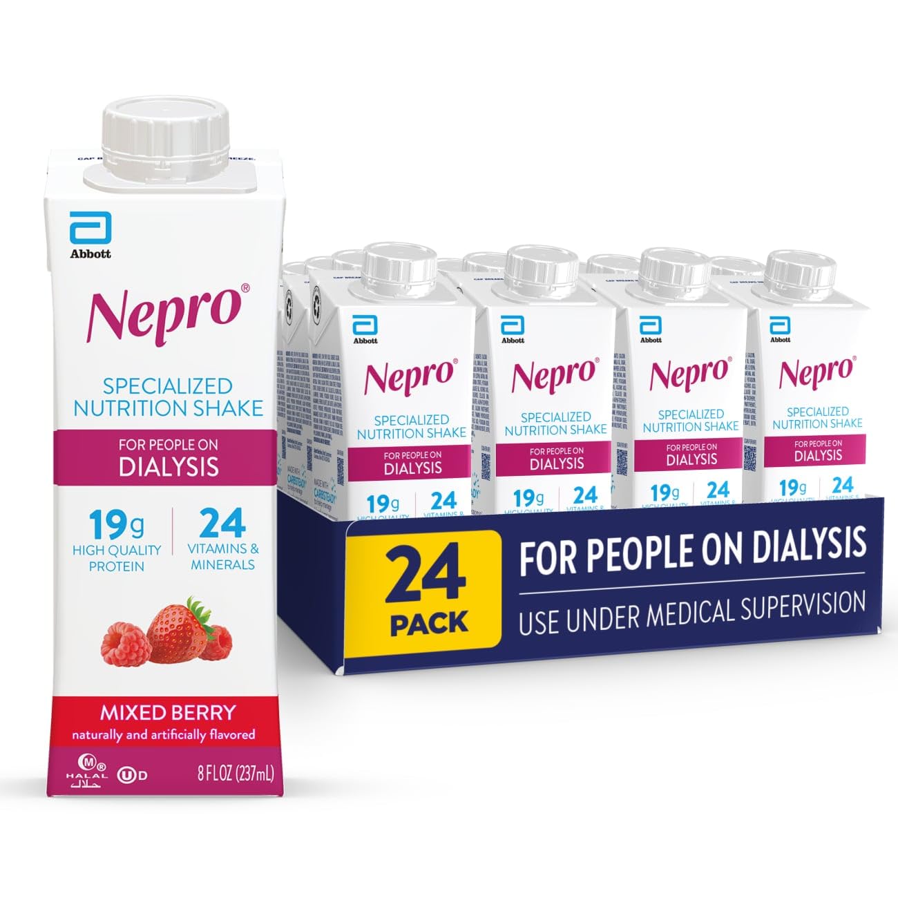 Nepro mixed berry bottle showing a protein-rich dialysis nutrition option