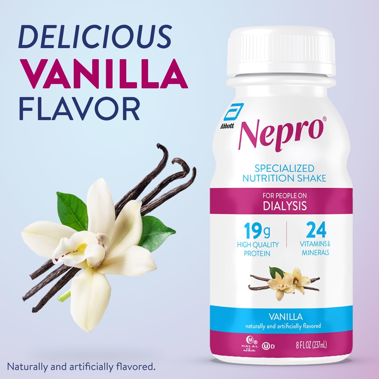 Nepro vanilla nutrition shake nutrition facts label highlights protein and calories