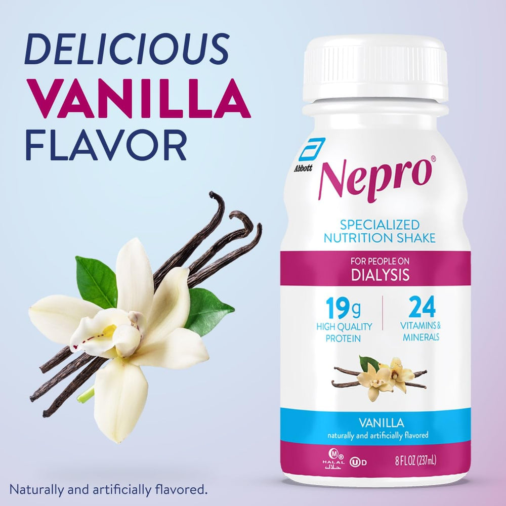 Nepro vanilla nutrition shake nutrition facts label highlights protein and calories