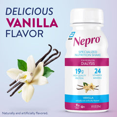 Nepro vanilla nutrition shake nutrition facts label highlights protein and calories