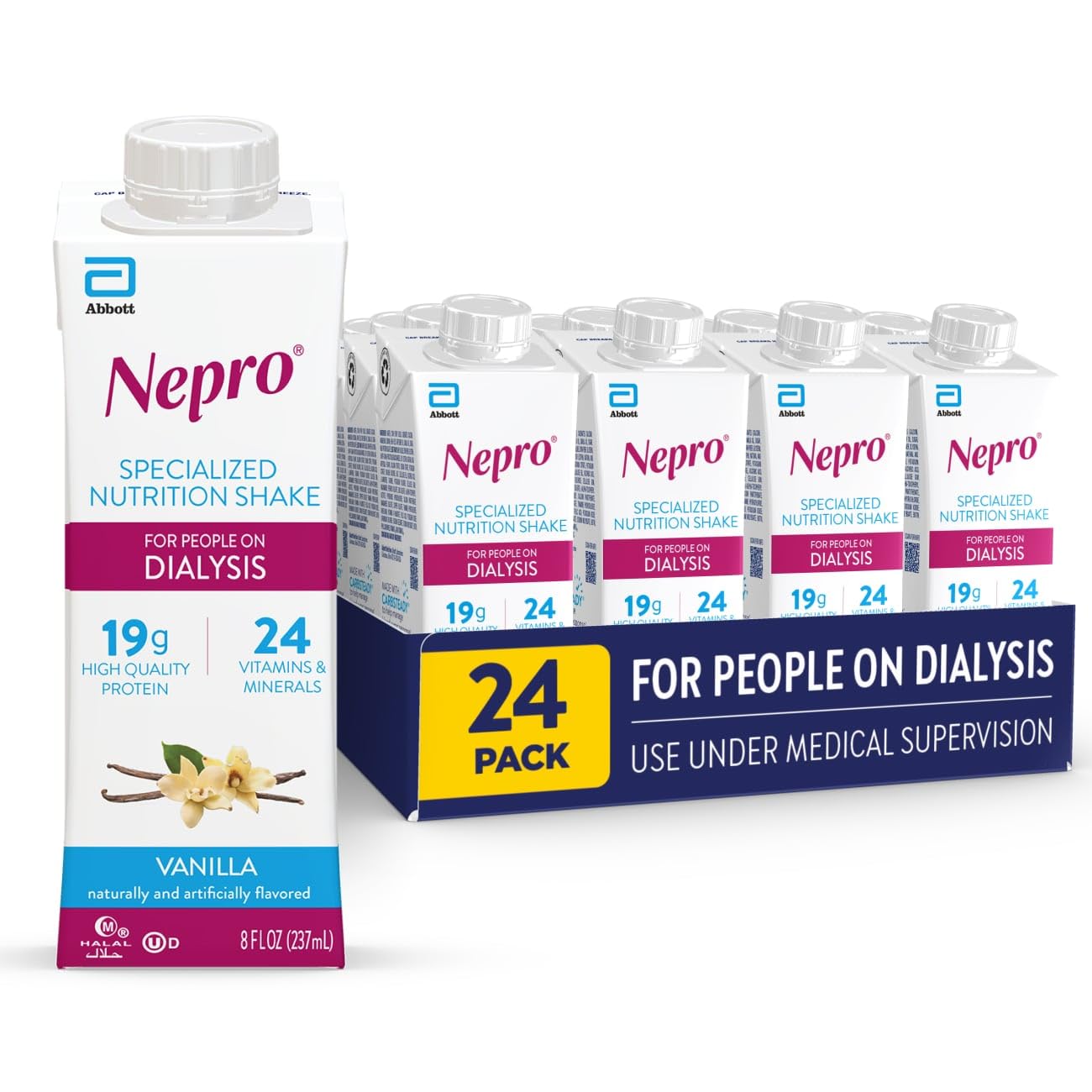Nepro vanilla shake bottle highlighting high-protein nutrition for dialysis