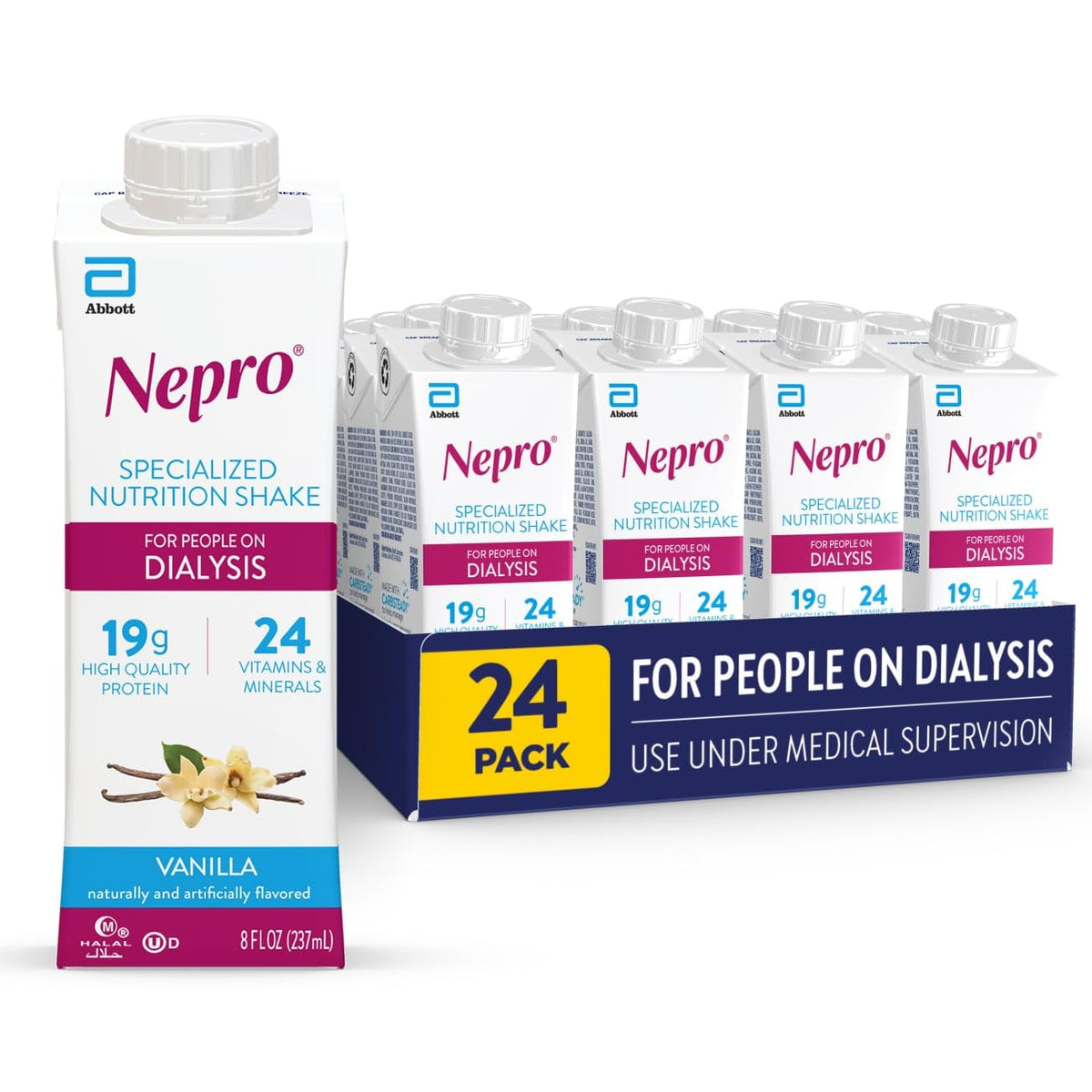 Nepro vanilla shake bottle highlighting high-protein nutrition for dialysis
