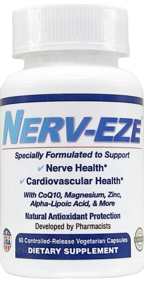 Nerv-Eze bottle with CoQ10 highlighting nerve support and heart health