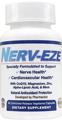 Nerv-Eze bottle with CoQ10 highlighting nerve support and heart health