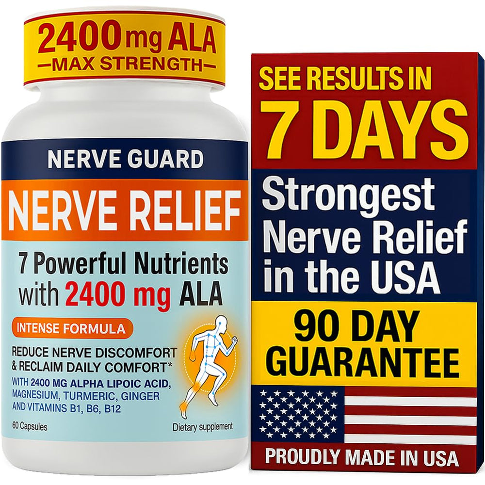 Nerve Guard alpha lipoic acid bottle showing 2400 mg daily support for comfort