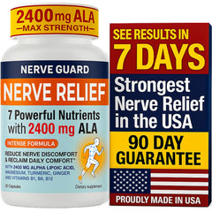 Nerve Guard alpha lipoic acid bottle showing 2400 mg daily support for comfort