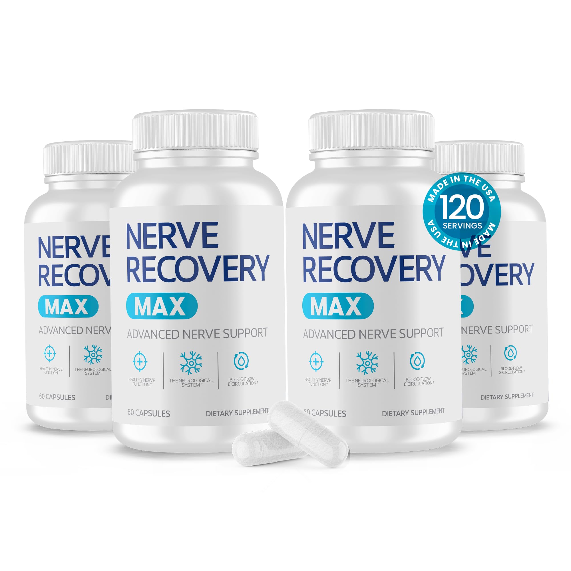 Nerve Recovery Max bottle front shows premium nerve support for daily wellness.