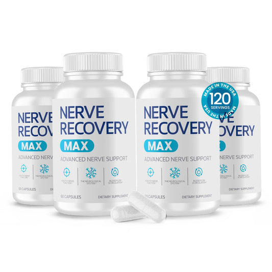 Nerve Recovery Max bottle front shows premium nerve support for daily wellness.
